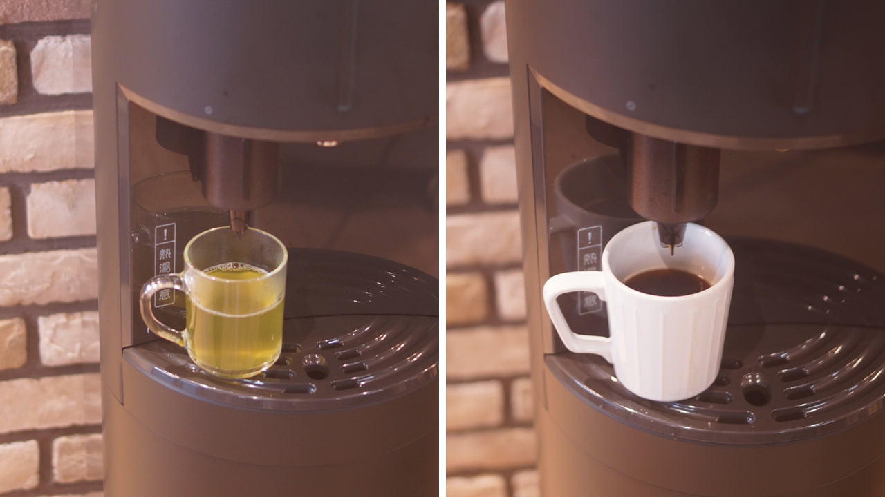 エブリィフレシャス「tall+cafe（トール+カフェ）」の画像。緑茶やコーヒーも手軽に抽出できるカフェ機能を使用している様子。
